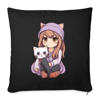 Kawaii Girl Anime Manga Fille et chat - Housse de coussin décorative 45 x 45 cm - noir - Devant
