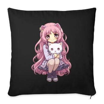 Kawaii Girl Anime Manga Fille et chat - Housse de coussin décorative 45 x 45 cm - noir - Devant