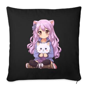 Kawaii Girl Anime Manga Fille et chat - Housse de coussin décorative 45 x 45 cm - noir - Devant