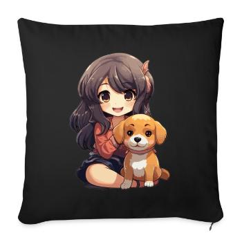 Kawaii Girl Anime Manga Fille et Chien - Housse de coussin décorative 45 x 45 cm - noir - Devant