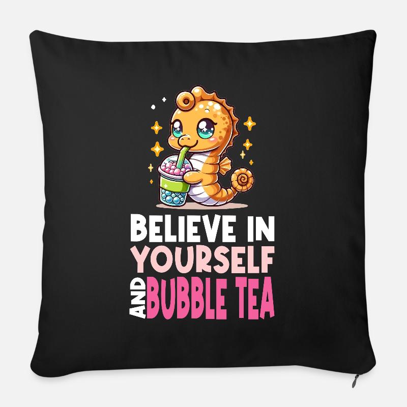 Kawaii Seepferdchen Bubble Tea Boba Milchtee - Sofakissenbezug 45 x 45 cm - Schwarz