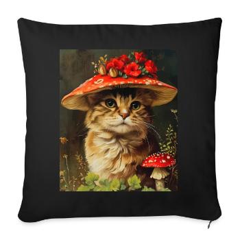 Vintage Cat in a Mushroom Flower Hat Cottagecore - Sofa pillowcase 17,3'' x 17,3'' (45 x 45 cm) - black - Front