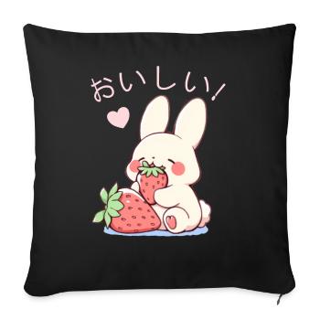 Cute Bunny Eating Strawberries Kanji Kawaii Rabbit - Sofakissenbezug 45 x 45 cm - Schwarz - Vorne