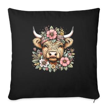 Scottish Highland Cow with Flowers - Sofa pillowcase 17,3'' x 17,3'' (45 x 45 cm) - black - Front