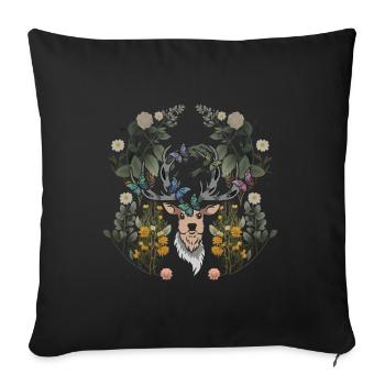 Hirschkopf Frühling Natur Blumen Hirsch Geweih - Sofakissenbezug 45 x 45 cm - Schwarz - Vorne