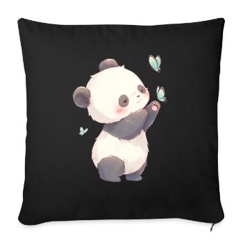 Panda Ours Papillons Panda géant japonais - Housse de coussin décorative 45 x 45 cm - noir - Devant