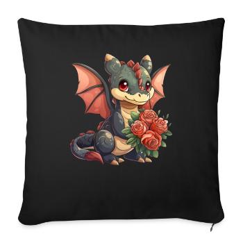 Dragon avec des Roses Saint-Valentin mignon - Housse de coussin décorative 45 x 45 cm - noir - Devant
