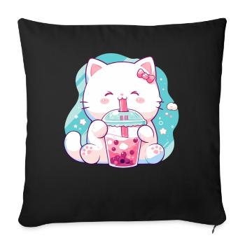 Cat Drinking Bubble Tea Boba and Cats Anime - Sofa pillowcase 17,3'' x 17,3'' (45 x 45 cm) - black - Front