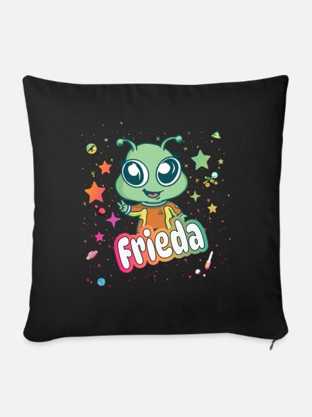 FRIEDA - Schöner Mädchen Name mit süßem Alien - Sofakissenbezug 45 x 45 cm - Schwarz