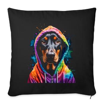 Dobermann Hoodie Hund Bunt Lustig Tier Print - Sofakissenbezug 45 x 45 cm - Schwarz - Vorne