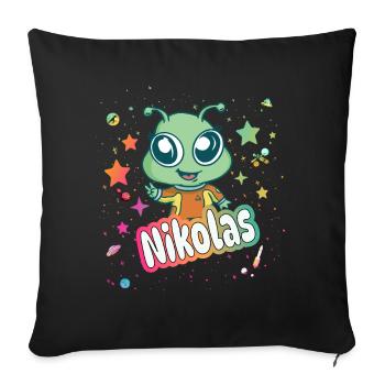 NIKOLAS - Schöner Junge Name mit süßem Alien - Sofakissenbezug 45 x 45 cm - Schwarz - Vorne