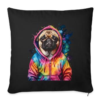 Mops Hoodie Hund Bunt Lustig Tier Design Print - Sofakissenbezug 45 x 45 cm - Schwarz - Vorne