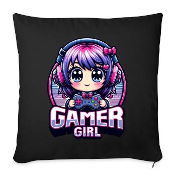 Gamer Girl. kawaii illustration, gaming, gamer, - Sofa pillowcase 17,3'' x 17,3'' (45 x 45 cm) - black - Front