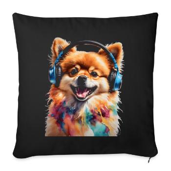 Pomeranian Pomeranian Headphones Dog Print - Sofa pillowcase 17,3'' x 17,3'' (45 x 45 cm) - black - Front