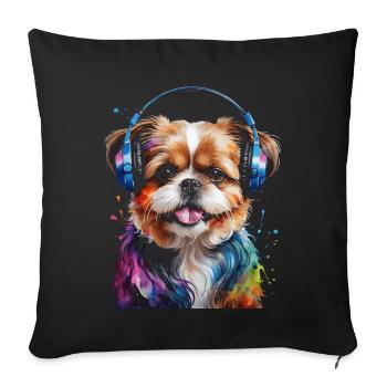 Shih Tzu Kopfhörer Hund Lustig Tier Design Print - Sofakissenbezug 45 x 45 cm - Schwarz - Vorne