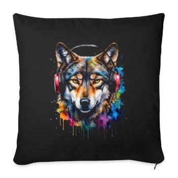 Wolf Kopfhörer Musik Bunt Tier Design Print - Sofakissenbezug 45 x 45 cm - Schwarz - Vorne