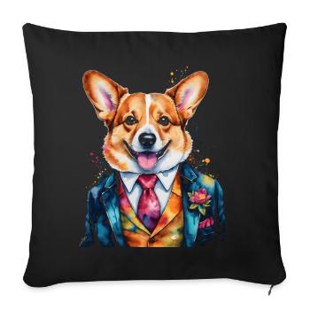 Corgi Anzug Hund Bunt Lustig Tier Design Print - Sofakissenbezug 45 x 45 cm - Schwarz - Vorne