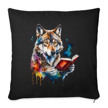 Wolf Lesen Buch Bunt Tier Design Print - Sofakissenbezug 45 x 45 cm - Schwarz - Vorne