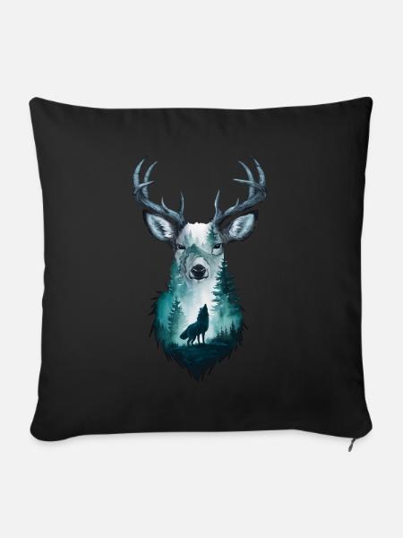 Majestic Stag with Wolf: Wildlife Art - Sofa pillowcase 17,3'' x 17,3'' (45 x 45 cm) - black