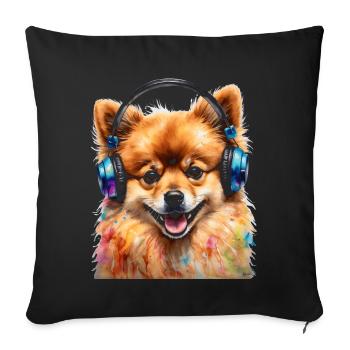 Pomeranian Pomeranian Headphones Dog Print - Sofa pillowcase 17,3'' x 17,3'' (45 x 45 cm) - black - Front