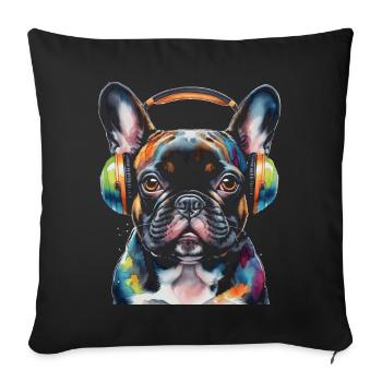 Französische Bulldogge Kopfhörer Frenchie Hund - Sofakissenbezug 45 x 45 cm - Schwarz - Vorne
