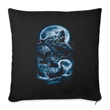Vikings – Loups et navire au clair de lune - Housse de coussin décorative 45 x 45 cm - noir - Devant