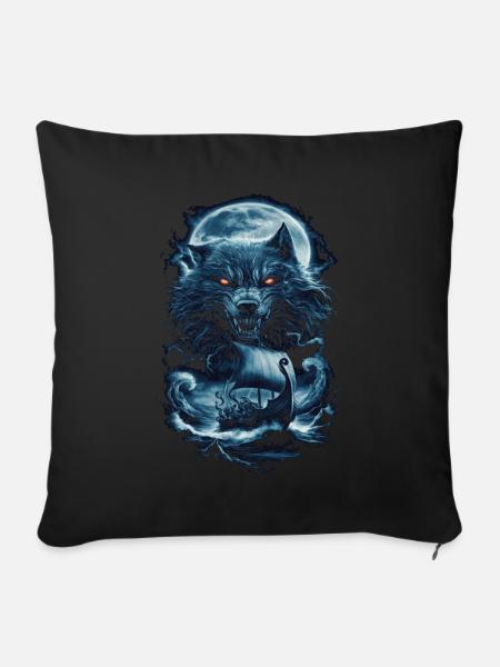 Wikinger – Wölfe & Schiff im Mondlicht - Sofakissenbezug 45 x 45 cm - Schwarz