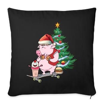 Cochon Cadeaux Père Noël Noël Patineur - Housse de coussin décorative 45 x 45 cm - noir - Devant
