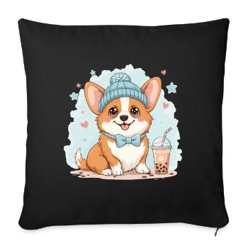 Bubble Tea Corgi Chien Bonnet Propriétaire de Chien Drôle - Housse de coussin décorative 45 x 45 cm - noir - Devant