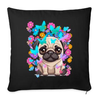 Chien Chiens Carlin Printemps Fleurs Papillons - Housse de coussin décorative 45 x 45 cm - noir - Devant
