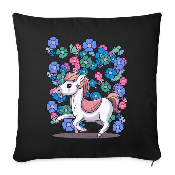 Bébé Poney Cheval Chevaux Enfants Enfant Fleurs - Housse de coussin décorative 45 x 45 cm - noir - Devant