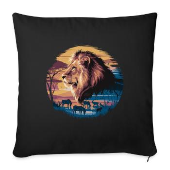 Lion dans le désert avec des zèbres et des antilopes à - Housse de coussin décorative 45 x 45 cm - noir - Devant