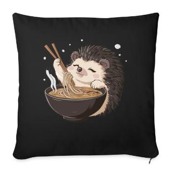 Hérisson heureux dégustant des ramen – Kawaii Food Love - Housse de coussin décorative 45 x 45 cm - noir - Devant