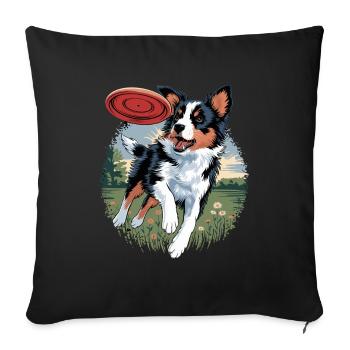 chien joyeux jouant au frisbee dans le vert - Housse de coussin décorative 45 x 45 cm - noir - Devant
