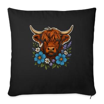 Vache des Highlands avec couronne de fleurs – Style de vie à la campagne - Housse de coussin décorative 45 x 45 cm - noir - Devant