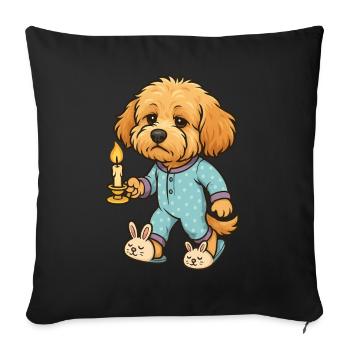 Müder Maltipoo im Pyjama mit Kerze Comicstil - Sofakissenbezug 45 x 45 cm - Schwarz - Vorne