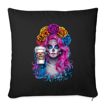 Dia de los Muertos Café avec Belle Femme de - Housse de coussin décorative 45 x 45 cm - noir - Devant