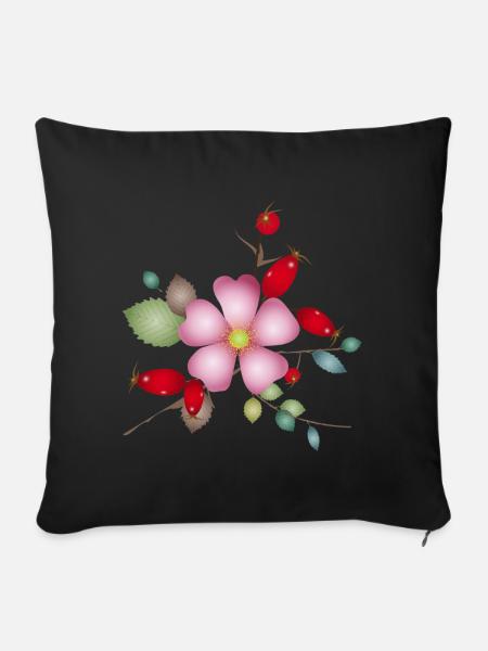 Hagebutten und Heckenrosenblüte – Naturmotiv - Sofakissenbezug 45 x 45 cm - Schwarz
