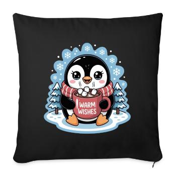 Pingouin, vœux chaleureux d'hiver avec une tasse de cacao - Housse de coussin décorative 45 x 45 cm - noir - Devant