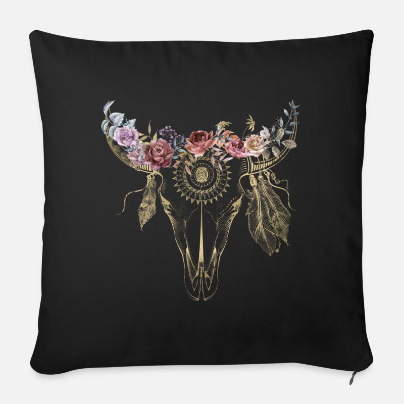 Boho / Fleurs / Crâne / Conception - Housse de coussin décorative 45 x 45 cm - noir