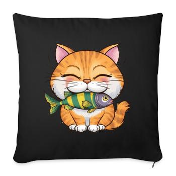 Niedliche Katze mit Fisch für Katzenbesitzer - Sofakissenbezug 45 x 45 cm - Schwarz - Vorne
