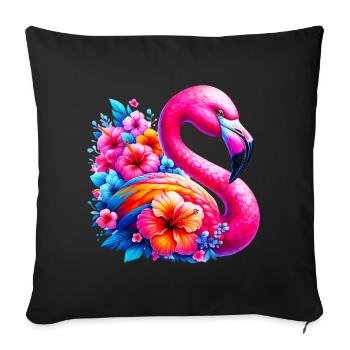 Flamingo decorated with hibiscus flowers - Sofa pillowcase 17,3'' x 17,3'' (45 x 45 cm) - black - Front