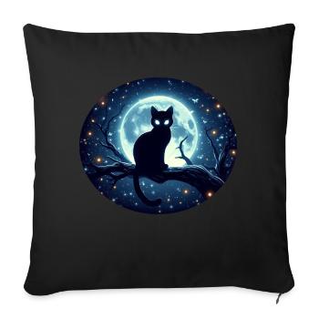 Chat assis sur une branche à la pleine lune - Housse de coussin décorative 45 x 45 cm - noir - Devant