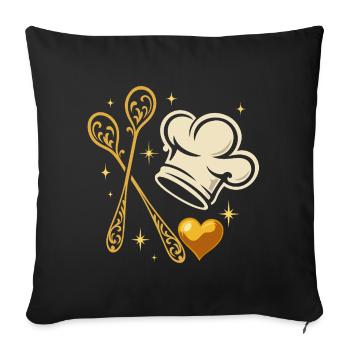 Goldene Kochmütze mit Kochlöffeln - Sofakissenbezug 45 x 45 cm - Schwarz - Vorne