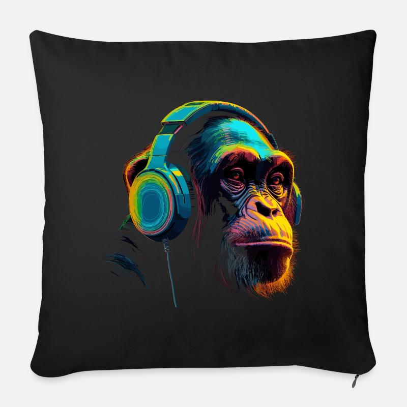 Affe Schimpanse mit Headset Kopfhörer DJ - Sofakissenbezug 45 x 45 cm - Schwarz