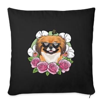 Cartoon Pekinese mit Orchideen und Rosen - Sofakissenbezug 45 x 45 cm - Schwarz - Vorne