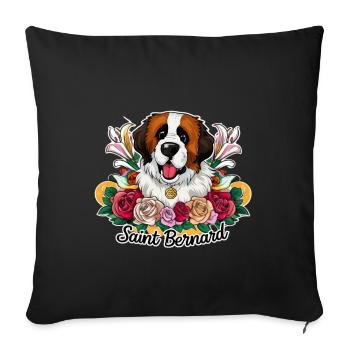 Bernhardiner Cartoon Hund mit Rosen und Lillien - Sofakissenbezug 45 x 45 cm - Schwarz - Vorne