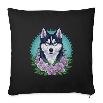 Süßer Cartoon Husky mit hübschen Orchideen - Sofakissenbezug 45 x 45 cm - Schwarz - Vorne