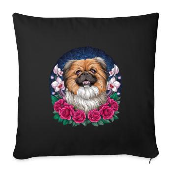 Dessin animé pékinois avec des orchidées et des roses - Housse de coussin décorative 45 x 45 cm - noir - Devant