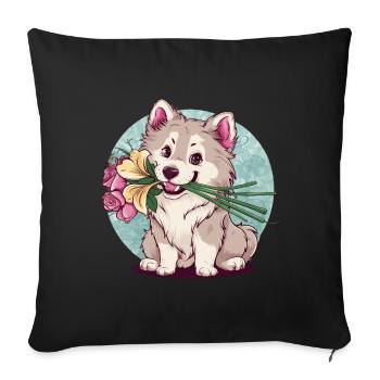 Spitz Samoyède doux aux roses et aux lys - Housse de coussin décorative 45 x 45 cm - noir - Devant